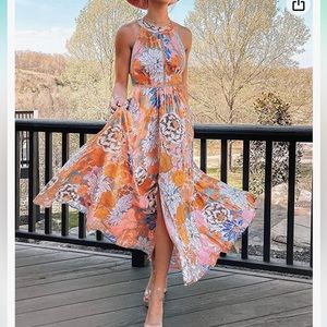 Summer Halter Neck Floral Print Backless Maxi Dress